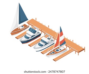 Three-dimensional isometric view showcasing marina pier sailboat and yacht harbor vector illustration isolated on white background