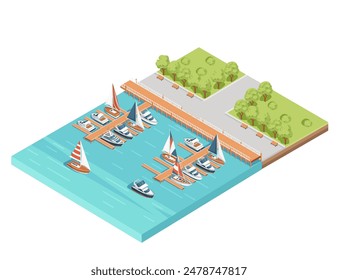 Three-dimensional isometric view showcasing marina pier sailboat and yacht harbor vector illustration isolated on white background