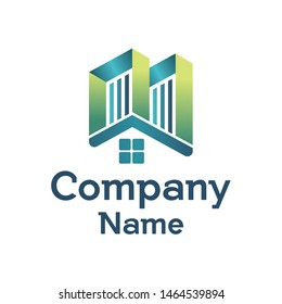Three-dimensional logo forms the building and roof of the house. Property and real estate logos