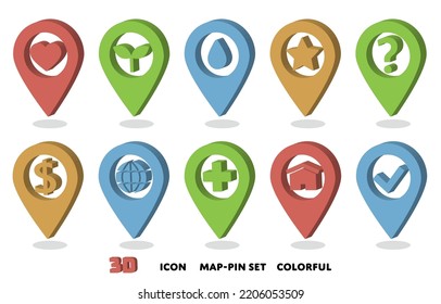 Three-dimensional map pin set with icons