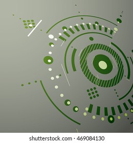 Three-dimensional mechanical scheme, green vector engineering drawing with circles and geometric parts of mechanism. Technical plan can be used in web design and as wallpaper.