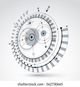 Three-dimensional mechanical scheme, monochrome vector engineering drawing with circles and geometric parts of mechanism. Technical plan can be used in web design and as wallpaper.