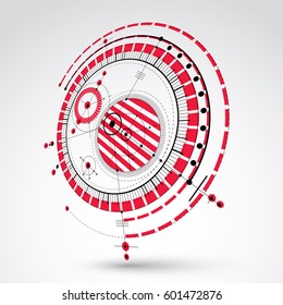 Three-dimensional mechanical scheme, red vector engineering drawing with circles and geometric parts of mechanism. Technical plan can be used in web design and as wallpaper.