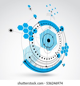 Three-dimensional mechanical scheme, vector engineering drawing with circles and geometric parts of mechanism. Technical plan can be used in web design and as wallpaper.