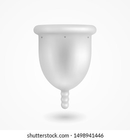 Three-dimensional menstrual cup with soft shadow. Transparent silicone sanitary item.  Isolated element on white background. Vector illustration.