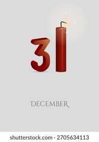 A three-dimensional number 3 and a vertical stick of dynamite with a burning fuse instead of the number 1 on a gray background. December 31st is coming to an end, and the New Year is approaching.