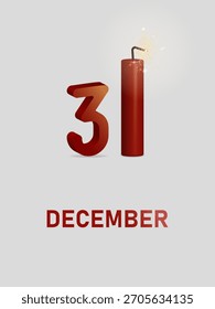A three-dimensional number 3 and a vertical stick of dynamite with a burning fuse instead of the number 1 on a gray background. December 31st is coming to an end, and the New Year is approaching.