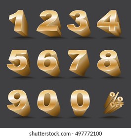 Three-dimensional number set 0-9 with percent off. Vector illustration of 3D font characters. Gold style numbers for promotion element.