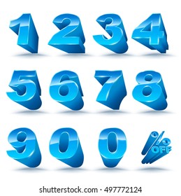 Three-dimensional number set 0-9 with percent off. Vector illustration of 3D font characters. Blue style numbers for promotion element.