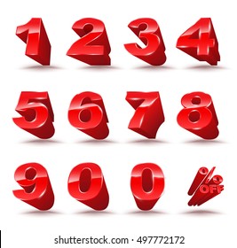 Three-dimensional number set 0-9 with percent off. Vector illustration of 3D font characters. Red style numbers for promotion element.