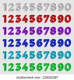Three-dimensional numbers in gray, red, purple, blue, light blue, green colors. Vector illustration.