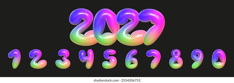 Three-dimensional numbers with a smooth multi-colored gradient. Helium balloons 3D figures for children's themes and holidays. Vector illustration of realistic numbers from 1 to 0.