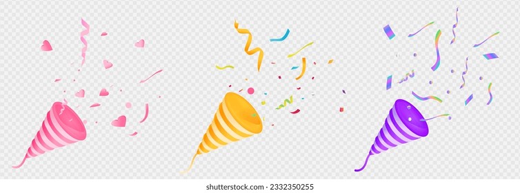 a three-dimensional party cone popper set. pink, yellow, purple confetti, rainbow paper, 
a piece of holographic colored paper vector illustration.