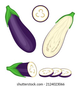 three-dimensional pattern of eggplant, eggplant cut in half, sliced into circles, isolated on a white background