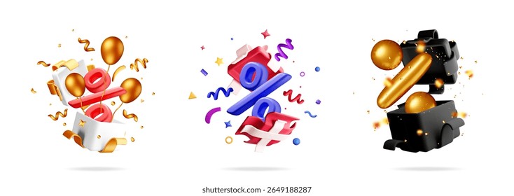 Three-dimensional percent symbols with festive confetti and balloons inside gift boxes. Special offer sale. Discount promotion concept.