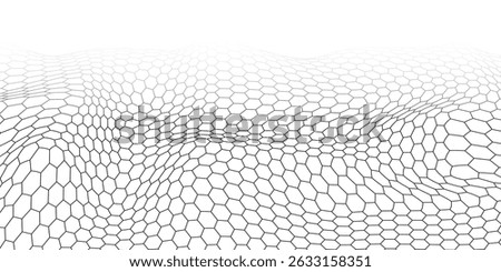 Three-dimensional perspective wavy bg of hexagon graphene carbon molecule. Thin super flexible material with conductor properties. Polygonal mesh. Vector illustration