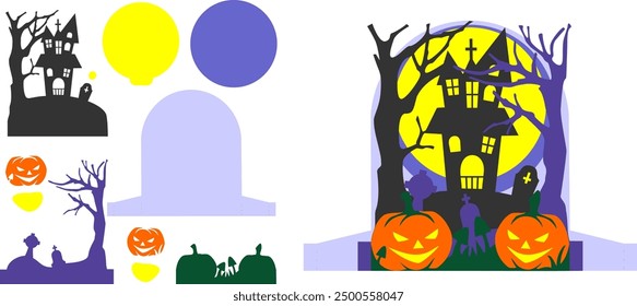 a three-dimensional postcard template, DAY. vector Layout, cute Halloween party, for paper cutting. house, moon, tombstones, trees, pumpkins, mushrooms.