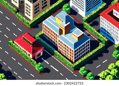 Three-dimensional projection pixel 8-bit art view of the city. 3D Illustration of houses module block district part. Scenery arcade video game background