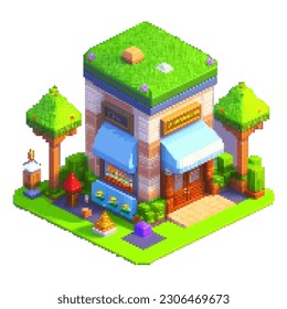 Three-dimensional projection pixel 8-bit art view of the city. 3D Illustration of houses module block district part. Scenery arcade video game background