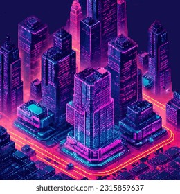 Three-dimensional projection pixel 8-bit art view of the city. 3D Illustration of houses module block district part. Scenery arcade video game background