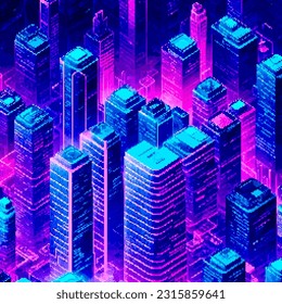 Dreidimensionale Projektion Pixel 8-Bit-Kunst-Sicht der Stadt. 3D Illustration von Häusern Modul Block Bezirk Teil. Landschaftsarcade-Videospielhintergrund