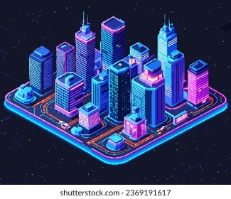 Three-dimensional projection pixel 8-bit art view of the city. 3D Illustration of houses module block district part. Scenery arcade video game background