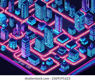 Three-dimensional projection pixel 8-bit art view of the city. 3D Illustration of houses module block district part. Scenery arcade video game background