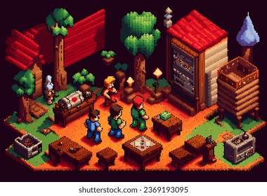 Three-dimensional projection pixel 8-bit art view of the city. 3D Illustration of houses module block district part. Scenery arcade video game background