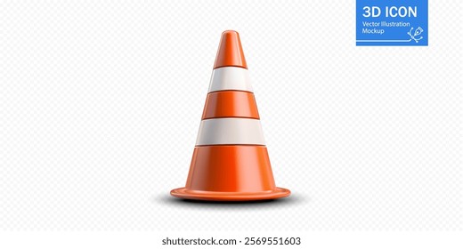 A three-dimensional representation of a traffic cone stands prominently, featuring bright orange and white stripes.