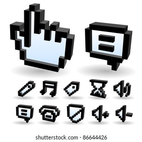 Forma tridimensional y estilo de píxel Internet, negocio, conjunto de iconos de comunicación