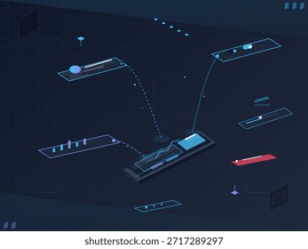 Dreidimensionale Formen schweben in einem dunklen Raum und zeigen Datenmetriken und Diagramme an. Linien verbinden jedes Element, während Diagramme Datentrends in einem digitalen Format veranschaulichen.