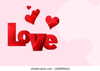 Three-dimensional shiny inscription of LOVE word with abstract hearts on pink background – copy space for your text. Vector illustration.