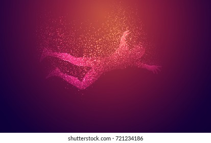 The three-dimensional silhouette of a man flies into emptiness. Splits into parts, bits. Vector illustration