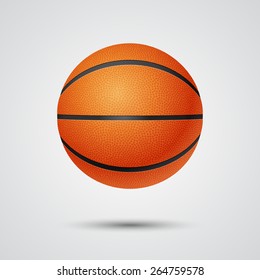 Three-dimensional single basketball in front view on a light background. Vector EPS10 illustration