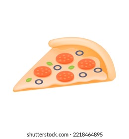 Three-dimensional slice of pizza icon. Slice of pizza with salami, olives, basil and cheese 3D vector illustration on white background. Diet, fast or junk food concept