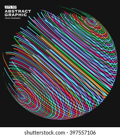 Three-dimensional sphere composed of multicolored curves, abstract graphics.