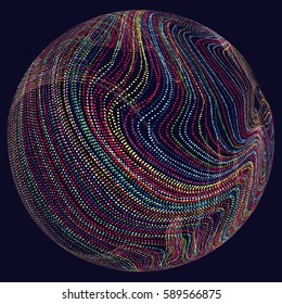 Three-dimensional sphere composed of multicolored curves, abstract graphics.