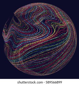 Three-dimensional sphere composed of multicolored curves, abstract graphics.