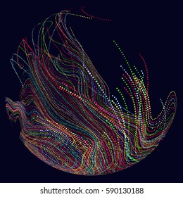 Three-dimensional sphere composed of multicolored curves, abstract graphics.