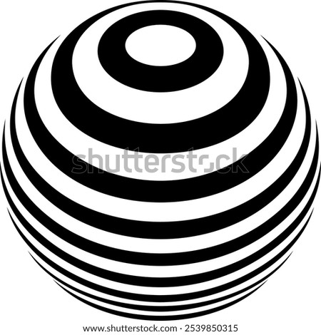 A three-dimensional sphere decorated with concentric black and white stripes. Vector outline icon.