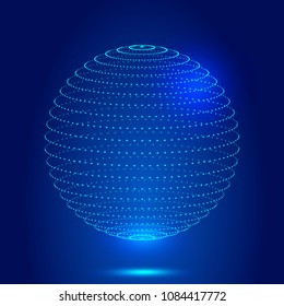 Three-dimensional spheres composed of points and particles, abstract graphics of network technology and technical concepts.