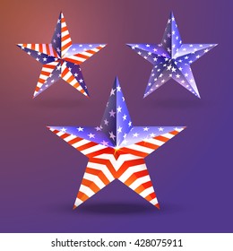 three-dimensional star American symbols.The Abstract vector design element star with american flag on a dark background