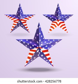 three-dimensional star American symbols.The Abstract vector design element star with american flag on a light background.
