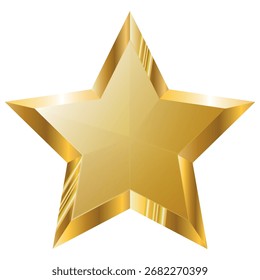 Una estrella tridimensional con reflejos y sombras que enfatizan el color y la textura del símbolo. Un icono de estrella de cinco puntas hecho de oro sobre un fondo blanco.