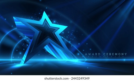 A three-dimensional star illuminated by a blue neon glow and surrounded by radiant light rays and particles, perfect for modern graphic designs.