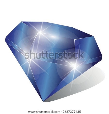 A three-dimensional stone with highlights and shadows. Sapphire is a blue faceted shaped gemstone. Isolated vector drawing on a transparent background with shadow.