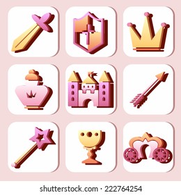 Three-dimensional tale icon set in white frames