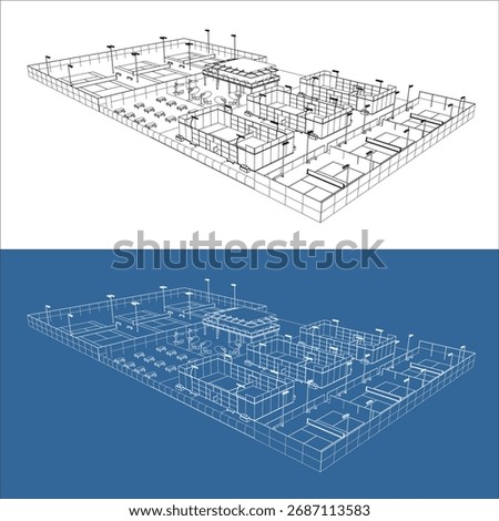 Three-dimensional technical line drawing of a modern multi-sport complex featuring tennis, pickleball, and padel courts