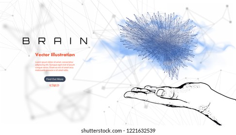 Three-dimensional vector cyber brain in the hand of man. Neural network mega-data processing. Web page template, interface design on a white background and polygonal lines . Vector illustration 