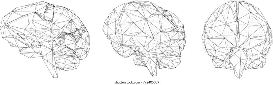 three-dimensional vector cyber brain. neural network mega-data processing, template interface design on a white background.